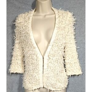 NIC+ZOE Fringe Shredded Knit Cardigan XS Elbow Sleeve Cream Fairy Inspired Funky